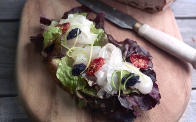 oppskrift på Smørbrød med sitrusgravet kveite med sennepsvinaigrette