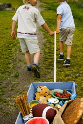 gutter drar tralle med mat