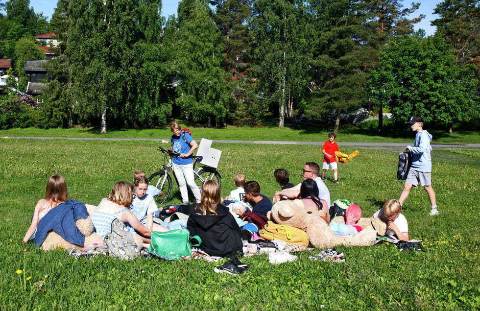 Bilde av skoleelever på gresset.