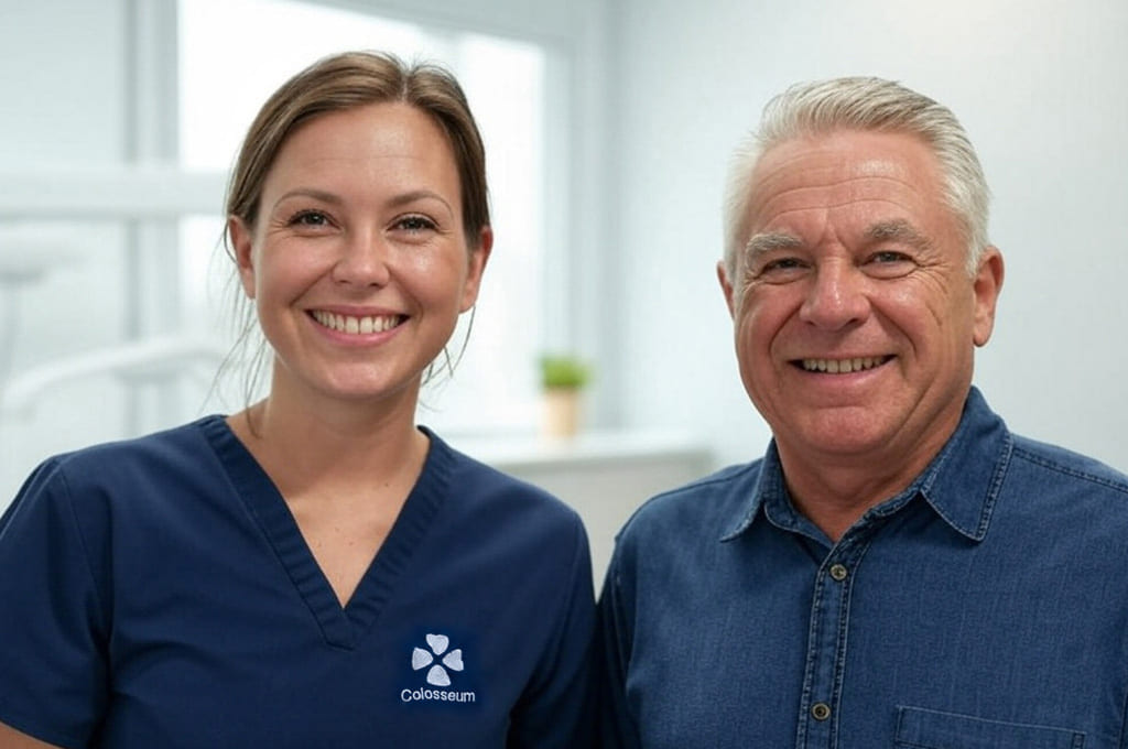 Eldre mannlig pasient og kvinnelig behandler