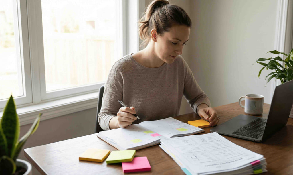 Dame med PC og notatblokker planlegger