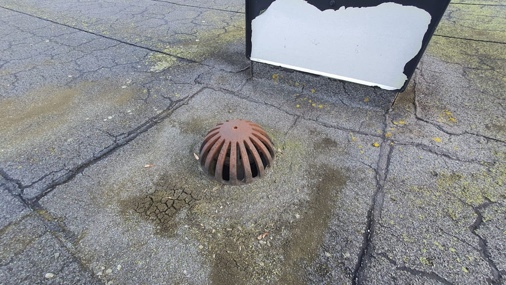 Nærbilde av et eldre taksluk omgitt av tydelig krakelert takbelegg og begynnende mosevekst. Bildet viser slitasje og tegn på aldring i takets overflate, med risiko for redusert drenering og fuktskader.