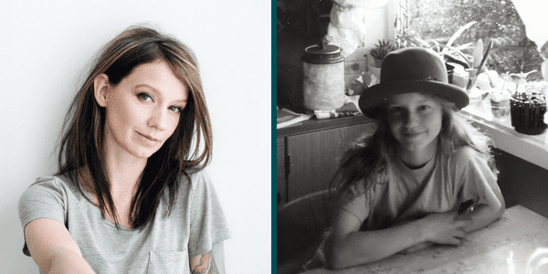 Maria Solheim som voksen og som barn-portrett