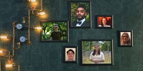 Illustrasjon: vegg med innrammede portrettbilder av alle medlemmene i ungdomsrådet.