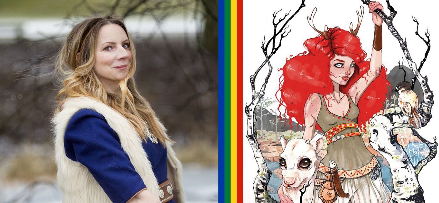 Kollasj. Elin Kåven til venstre, tegning av den arktiske alven til høyre