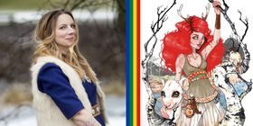 Kollasj. Elin Kåven til venstre, tegning av den arktiske alven til høyre