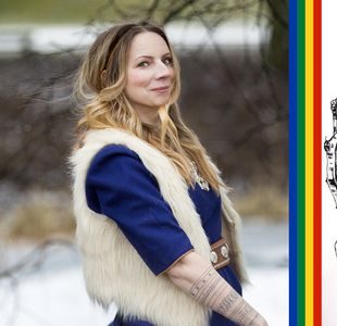 Kollasj. Elin Kåven til venstre, tegning av den arktiske alven til høyre