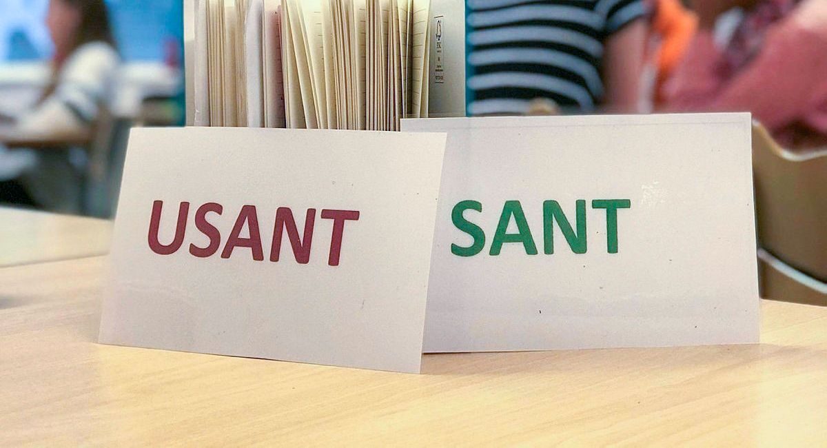 To lapper der det står Usant og Sant på står oppreist på et bord