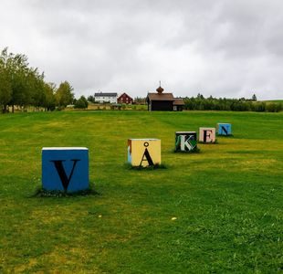 Kunstverk av klosser som gir ordet "våken" på en grønn eng.