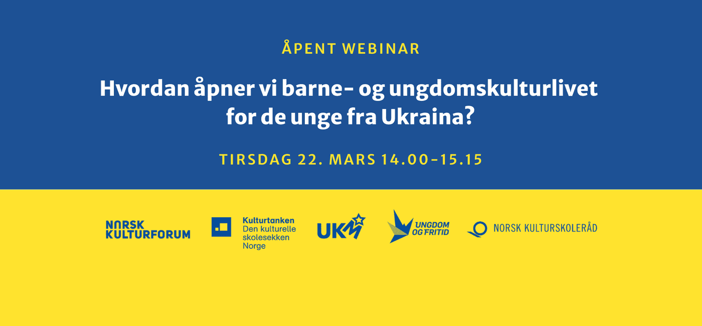 En plakat basert på den blå og gule fargen i det ukrainske flagget som gir informasjon om webinaret