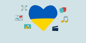 Hjerte med Ukrainas farger omgitt av ikoner for kunst og kultur.