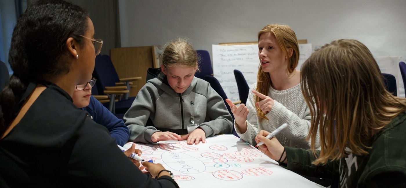 Fem ungdommer sitter rundt et bord. Det ligger et stort ark på bordet. Ungdommene diskuterer og skriver på arket