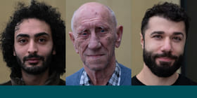 Portrettbilde av tre menn. En eldre mann og to yngre.