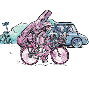 En person på sykkel med en tromme under armen, og et barn på bagasjebrettet med en stor instrumentkasse på ryggen. Tegning.