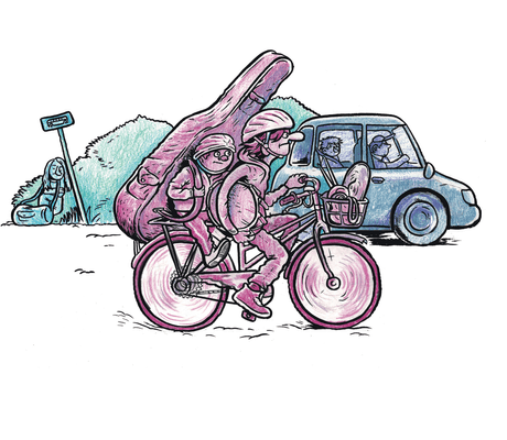 En person på sykkel med en tromme under armen, og et barn på bagasjebrettet med en stor instrumentkasse på ryggen. Tegning.