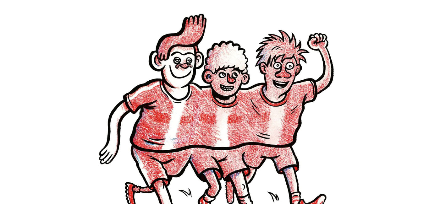 Tegning av tre ungdommer som løper.