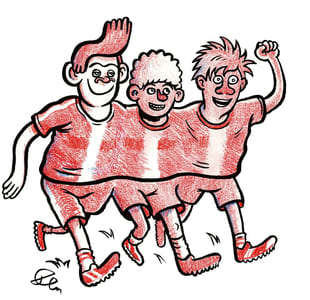 Tegning av tre ungdommer som løper.