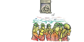 Illustrasjonsbilde. Tegnet. En gutt sitter og ser ut av et vindu på et kors som går forbi og spiller.