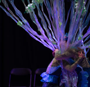 Utøvere i glitrende kostymer med livlige lilla og blå tentakellignende forlengelser, som skaper en utenomjordisk undervannseffekt på mørk scene.