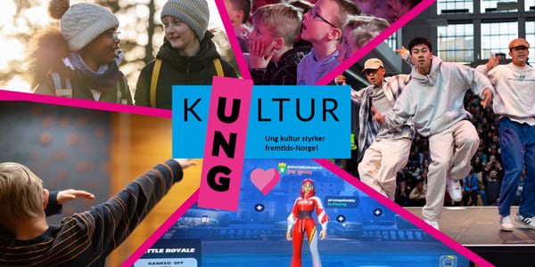 Kollasje av barn og unge i kunst- og kulturaktiviteter, med teksten "Ung kultur styrker fremtids-Norge".