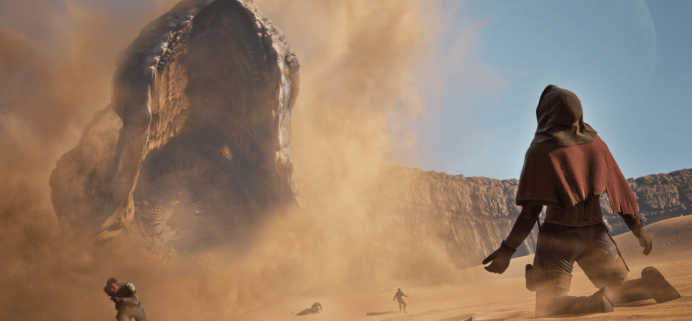 Illustrasjonsbilde fra et dataspill. En gigantisk sandorm reiser seg fra et ørkenlandskap. En karakter i kappe kneler på bakken, mens en annen figur løper i en annen retning.