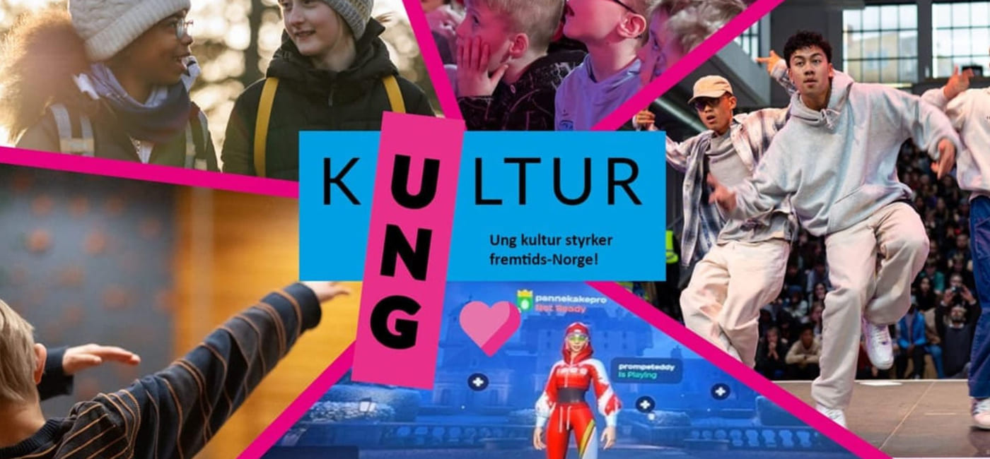 Kollasje av ulike bilder av barn og unge. I midten står det "Ung kultur - ung kultur styrker fremtids-Norge!"