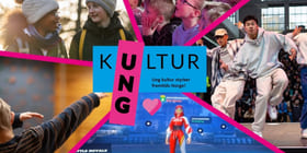 Kollasje av ulike bilder av barn og unge. I midten står det "Ung kultur - ung kultur styrker fremtids-Norge!"