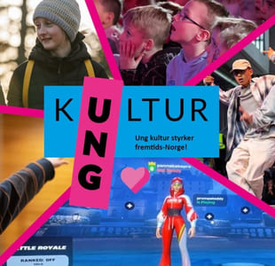 Kollasje av ulike bilder av barn og unge. I midten står det "Ung kultur - ung kultur styrker fremtids-Norge!"