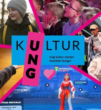 Kollasje av ulike bilder av barn og unge. I midten står det "Ung kultur - ung kultur styrker fremtids-Norge!"