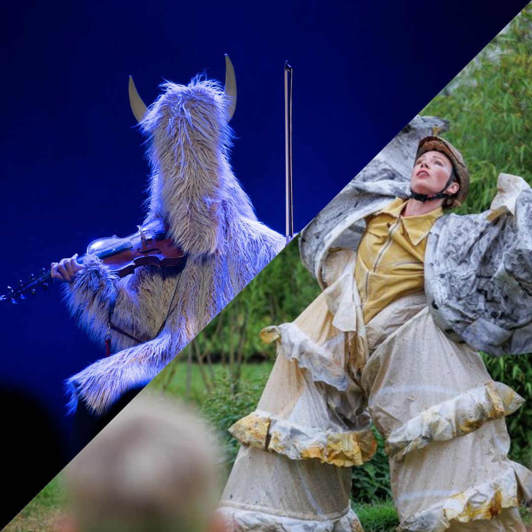 To bilder er slått sammen: Pelsen hvit skapning med horn som spiller fiolin på scenen, silhuett av publikum i forgrunnen, blå bakgrunnsbelysning + «Sykkeli Lykkeli» med Hålien og Tovar på Markedet for scenekunst 2025.