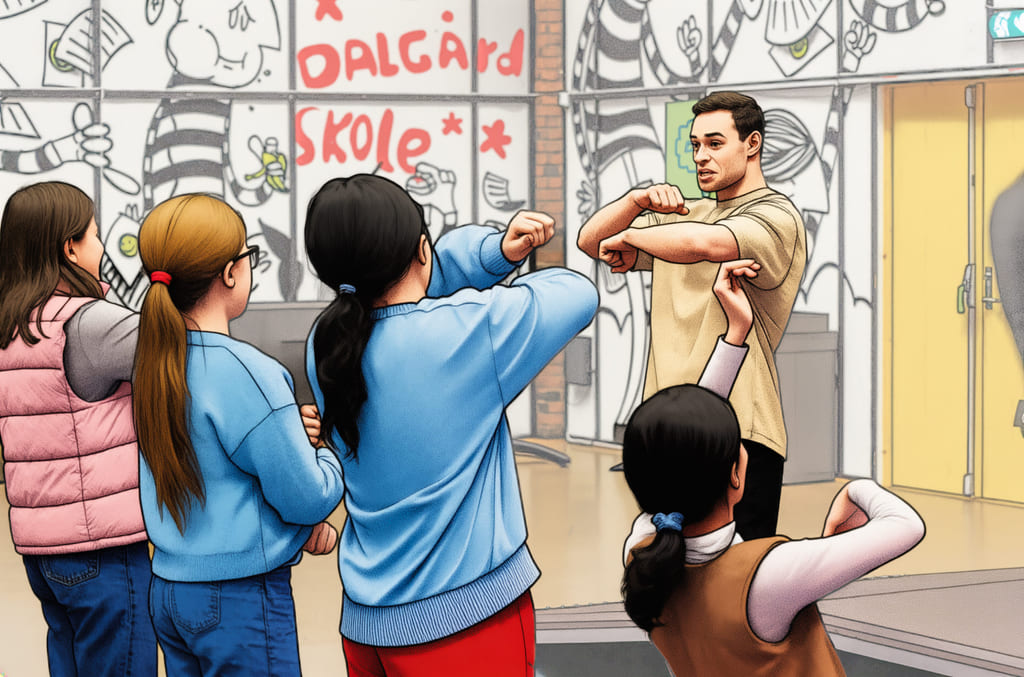 Daniel Grindeland og elever øver på en dansebevegelse. Foto konvertert til tegning.