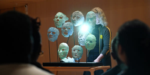 Kunstinstallasjon med opplyste, gjennomskinnelige masker på stativer, sett av tilskuere. En person i mørke klær står bak utstillingen.