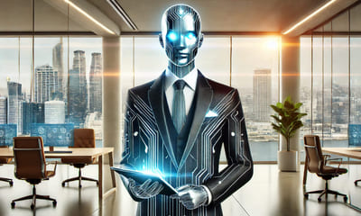 Illustrasjon av en robot i et kontormiljø.
