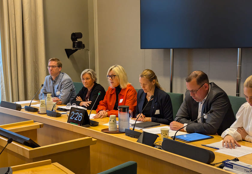 Lektorlagets leder Helle Christin Nyhuus holder innlegg på den muntlige høringen om statsbudsjettet på Stortinget. Bilde.