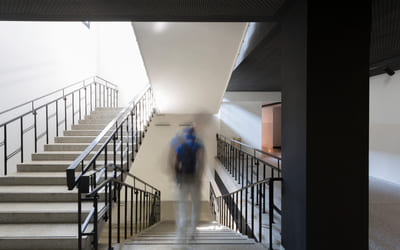 En elev går ned en trapp i en skole. Bilde.