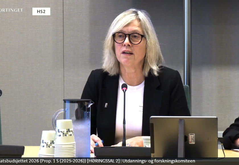 Bilde av Lektorlagets leder Helle Christin Nyhuus på statsbudsjetthøringen novebmer 2025.