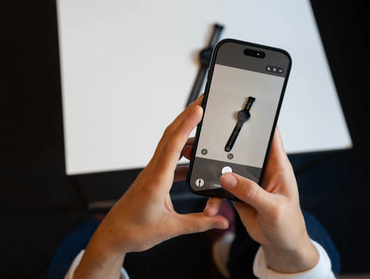 Et par hender holder i en mobiltelefon som tar bilde av en smartklokke