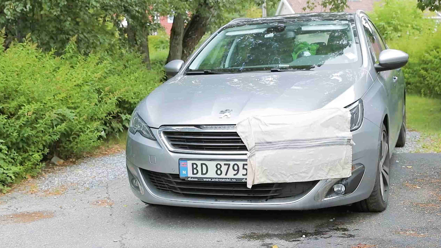 Bil med vått kjøkkenhåndkle på den ene frontlykten for å fjerne insekter