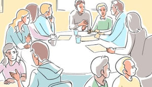 Tegnet illustrasjon av personer som sitter rundt et bord og diskuterer