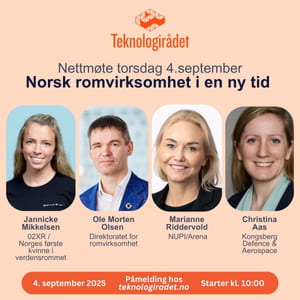 Illustrasjon med portrett av de fire innlederne på nettmøte om norsk romvirksomhet