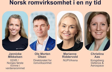 Oversikt med portrettfoto o og navn på innlederne på møtet Norsk romvirksomhet i en ny tid