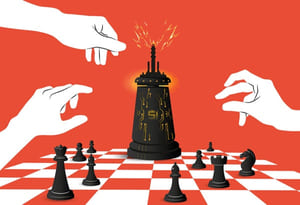 Illustrasjon av et spillbrett med ulike små sjakkbrikker og én stor som skal illustrere superintelligens som tre hender strekker seg etter