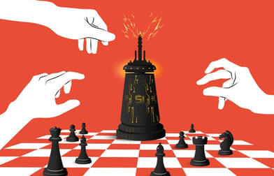 Illustrasjon av et spillbrett med ulike små sjakkbrikker og én stor som skal illustrere superintelligens som tre hender strekker seg etter