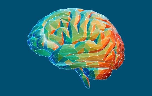 Fargerik illustrasjon av en menneskehjerne med et nett av punkter avmerket