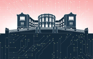 Illustrasjon av Stortinget med punkter og linjer som illustrerer nettverk