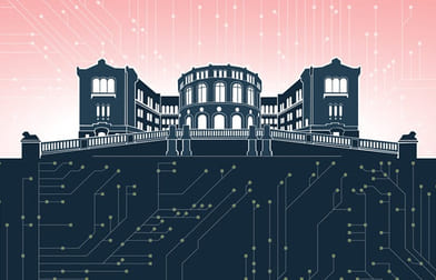 Illustrasjon av Stortinget med punkter og linjer som illustrerer nettverk