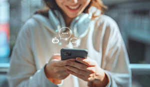 Foto av ung jente som smiler og sender meldinger på en smarttelefon, illustrert med snakkebobler i bildet