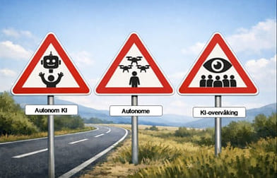 KI-generert illustrasjon av tre fareskilt som skal illustrere KI-risiko for overvåking, autonom KI og autonome droner