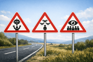 KI-generert illustrasjon av tre fareskilt med droner og øye som skal illustrere KI-risiko for overvåking og autonome droner