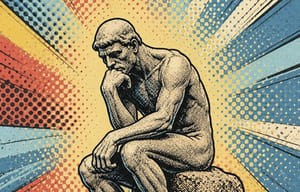 Illustrasjon av en statue av en mann som sitter med hånden under hodet og tenker, Generert med ChatGPT, april 2026